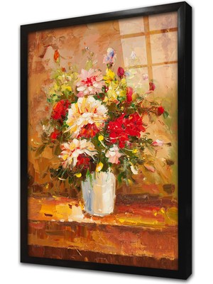 Tablosan Vazoda Çiçekler Çerçeveli Cam Tablo