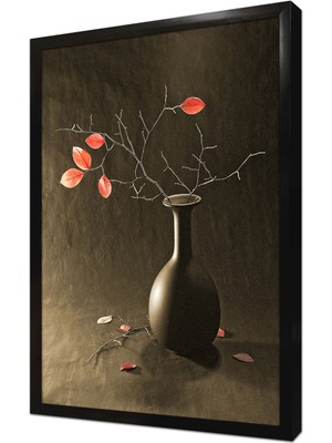 Tablosan Vazoda Kırmızı Yapraklar Çerçeveli Mdf Tablo