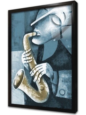 Tablosan Saksafon Çalan Adam Çerçeveli Cam Tablo