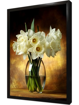 Tablosan Vazoda Beyaz Çiçeklerin Dansı Çerçeveli Mdf Tablo