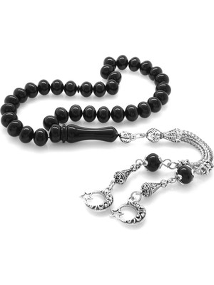 DAVİD BLACK Kararmaz Metal Ayyıldız Püsküllü Tekerlek Kesim Siyah Sıkma Kehribar Tesbih