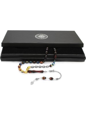 Tesbihane 925 Ayar Gümüş Püsküllü Arpa Kesim Gümüş Isim Yazılı Süzme Bonibon Ateş Kehribar Tesbih