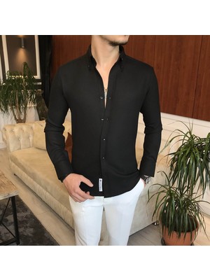 Italyan Stil Slim Fit Erkek Kışlık Gömlek Siyah T6714