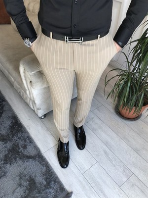 Terzi Adem Italyan Stil Slim Fit Erkek Çizgili Kumaş Pantolon Camel T6620