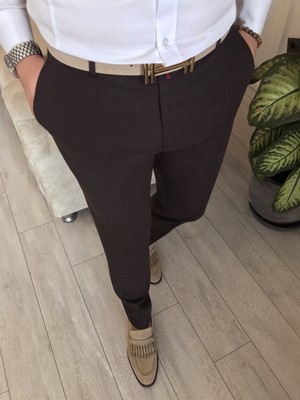 Terzi Adem Italyan Stil Slim Fit Erkek Kumaş Pantolon Kahverengi T4488