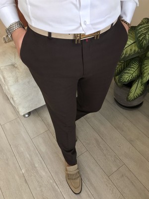 Terzi Adem Italyan Stil Slim Fit Erkek Kumaş Pantolon Kahverengi T4488