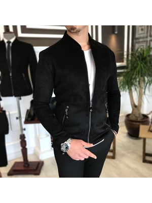 Terzi Adem Italyan Stil Slim Fit Mevsimlik Erkek Süet Mont Ince Ceket Siyah T4907