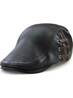 Afun Siyah Moda Faux Deri Bere Şapka Casquette Kap Şapkalar Erkekler Içın Eşlikler Eş Şapkası Gorras Planas Düz Kapaklar Pu (Yurt Dışından)
