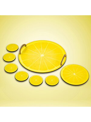 Homedius 8 Parça Limon Desenli Ahşap Çay Bardağı Altlığı Çaydanlık Altlığı Hasır Ipli Tepsi