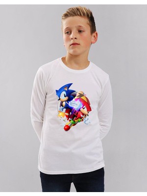 TakeTshirt Sonic Uzun Kol Çocuk Tişört Beyaz Unisex