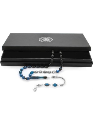 Tesbihane 925 Ayar Gümüş Püsküllü Arpa Kesim Gümüş Isim Yazılı Süzme Turkuaz-Siyah Ateş Kehribar Tesbih