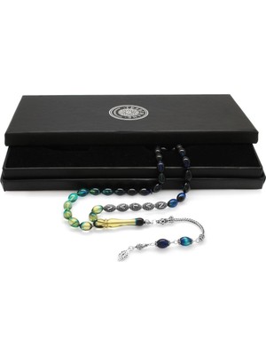 Tesbihane 925 Ayar Gümüş Püsküllü Arpa Kesim Gümüş Isim Yazılı Süzme Mavi-Beyaz Ateş Kehribar Tesbih