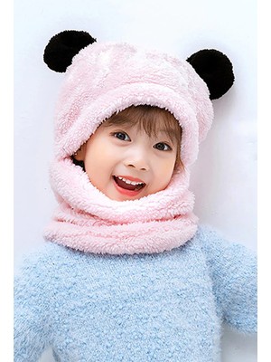 Bundera Panda Çocuk Kapşonlu Peluş Bere Atkı Welsoft Boyunluk Rüzgar Geçirmez Kulaklı Şapka