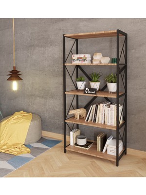 Larem Mobilya Sera Kitaplık Çok Amaçlı Raflı Metal Kitaplık 150 cm Ceviz