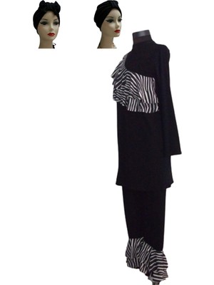 Eflin Kadın Giyim Siyah-Beyaz Zebra Desenli Valonlu Tam Kapalı Tesettür Mayo Büyük Beden