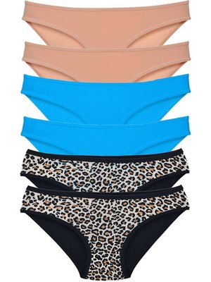 Royaleks 6 Adet Likralı Kadın Slip Külot Leopar Ten Mavi