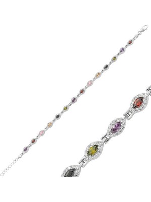 925 Gümüş Renkli Taşlı Su Yolu  925 Ayar Gümüş Bileklik