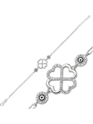 925 Gümüş Kalpli Yonca 925 Ayar Gümüş Bileklik