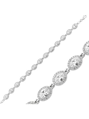 925 Gümüş Gümüş Taşlı Oval Su Yolu  925 Ayar Gümüş Bileklik