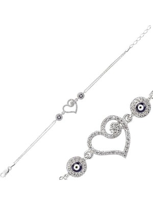 925 Gümüş Kalp Nazar Detay 925 Ayar Gümüş Bileklik