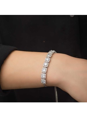 925 Gümüş Kare Baget Taşlı 925 Ayar Gümüş Bileklik