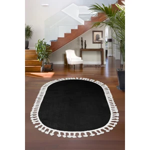 Diji Dekor Dijidekor Siyah  Oval Post Dokuma Halı Saçaklı Peluş Yumuşacık Kaymaz Antibakteriyel 100X50
