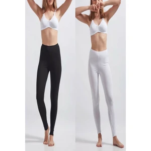 Kadın Beyaz Siyah Uzun Tayt 2'li Pamuklu Likralı