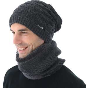 Siyah Kış Skullies Şapka Yün Bereler Örme Şapka Eşarp Astarlı Erkek Gorras Bonnet Kışlık Şapkalar Erkekler Içın Bere Şapkalar  (Yurt Dışından)