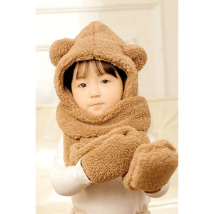 Babykid Çocuk Kapşonlu Peluş Bere Atkı Eldiven Welsoft Boyunluk Rüzgar Geçirmez Kulaklı Şapka