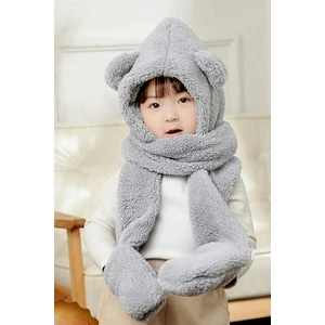 Babykid Çocuk Kapşonlu Peluş Bere Atkı Eldiven Welsoft Boyunluk Rüzgar Geçirmez Kulaklı Şapka