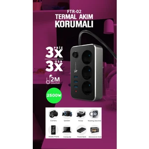 Airstorr Fulltech Ftr-02 2 M 3'lü Termal Akım Korumalı Priz USB