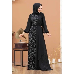Neva Style Tesettürlü Abiye Elbise - Şifon Detaylı Pul Payet Gümüş Tesettür Abiye Elbise 5516GMS