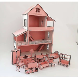 60 cm Ahşap Oyun Evi – İsimli, Işıklı, Mobilyalı, Hediyeli, Desensiz, 3 Yaş ve Üzeri Çocuklar İçin