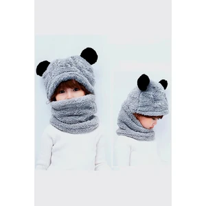 Panda Çocuk Kapşonlu Peluş Bere Atkı Welsoft Boyunluk Rüzgar Geçirmez Kulaklı Şapka