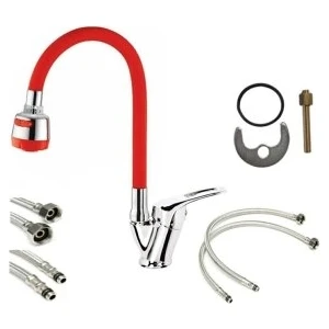 Hareketli 2 Fonksiyonlu Mutfak Eviye Musluğu Çeşmesi Bataryası Yağmurlama Özellikli Kırmızı