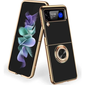 Samsung Galaxy Z Flip 3 5g Için Halka Tutucu Stand Darbeye Dayanıklı Yumuşak Tpu Elektroliz Tampon Kılıfı Kapağı Siyah (Yurt Dışından)