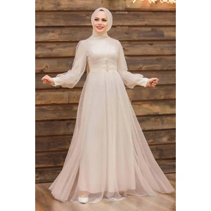 Neva Style Tesettürlü Abiye Elbise - Düğme Detaylı Taş Tesettür Abiye Elbise 5478TAS