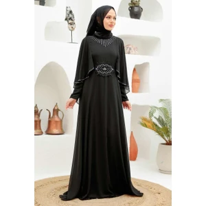 Neva Style - Pelerinli Siyah Tesettür Abiye Elbise 91501S