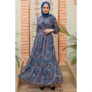 Neva Style - Desenli Indigo Mavisi Tesettür Elbise 3356IM