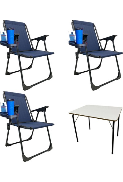 Moniev 3 Adet Katlanır Kamp Sandalyesi Piknik Koltuğu Plaj Şezlongu Oval Bardaklıklı Lacivert + Mdf Masa