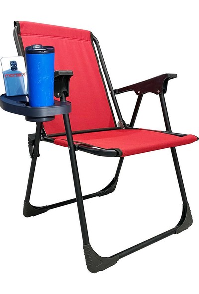 Moniev Katlanır Kamp Sandalyesi Piknik Koltuğu Plaj Şezlongu Oval Bardaklıklı Kırmızı