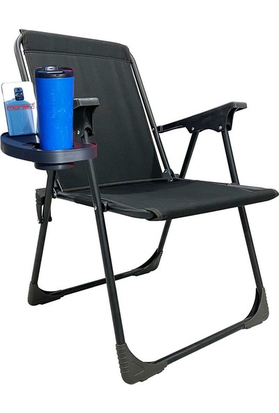 Moniev Katlanır Kamp Sandalyesi Piknik Koltuğu Plaj Şezlongu Oval Bardaklıklı Siyah