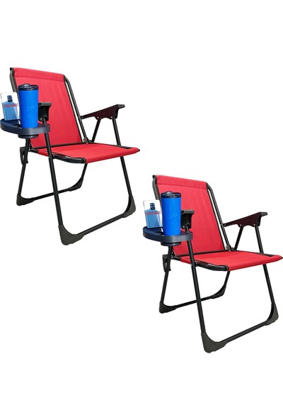 Moniev 2 Adet Katlanır Kamp Sandalyesi Piknik Koltuğu Plaj Şezlongu Oval Bardaklıklı Kırmızı
