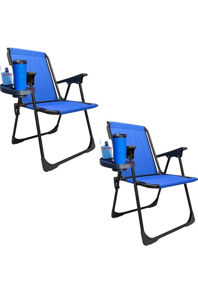 Moniev 2 Adet Katlanır Kamp Sandalyesi Piknik Koltuğu Plaj Şezlongu Oval Bardaklıklı Mavi