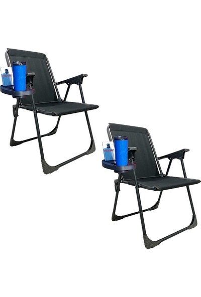 Moniev 2 Adet Katlanır Kamp Sandalyesi Piknik Koltuğu Plaj Şezlongu Oval Bardaklıklı Siyah