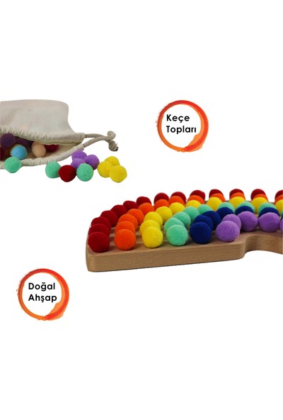 Montessori Eğitici Ahşap Oyuncak – Ahşap Gökkuşağı ve Renkli Keçe Topları