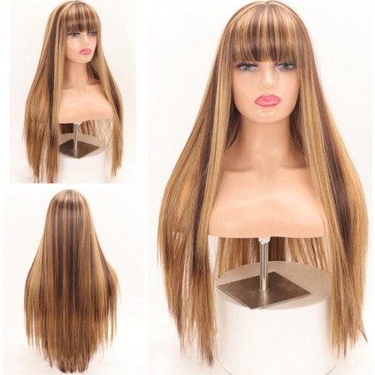 30INCH Uzun Düz Peruk Patlama ile Karışık Kahverengi ve Sarışın Kadınlar Içın Isıya Dayanıklı Sentetik Peruk