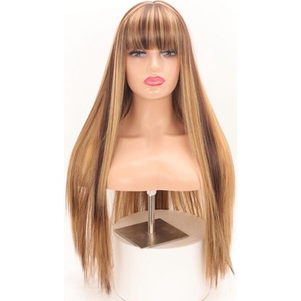 30INCH Uzun Düz Peruk Patlama ile Karışık Kahverengi ve Sarışın Kadınlar Içın Isıya Dayanıklı Sentetik Peruk modelleri