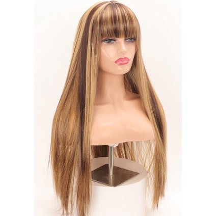 30INCH Uzun Düz Peruk Patlama ile Karışık Kahverengi ve Sarışın Kadınlar Içın Isıya Dayanıklı Sentetik Peruk fırsatları