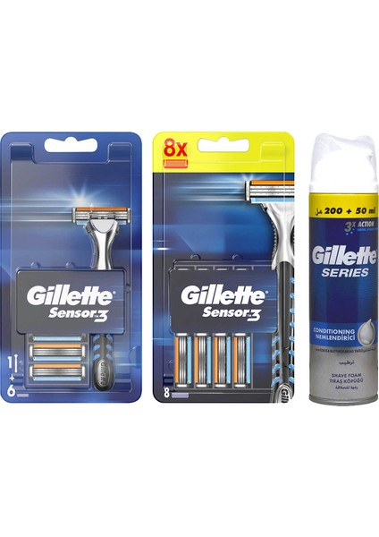 Sensor3 Tıraş Makinesi + Yedek Tıraş Bıçağı 14'lü + Gillette Nemlendirici TIRAŞKÖPÜĞÜ250ML